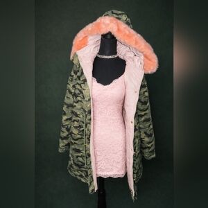 Camouflage Utility Jacket with Pink Fur Trim